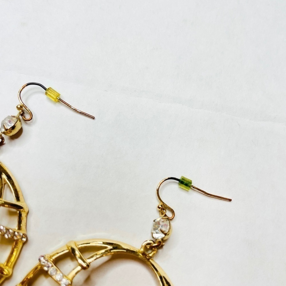 GOLD-TONE Metal Rhinestone Studded Round Hoop Dangle Drop Earrings - Picture 5 of 6